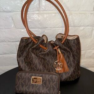 Michael Kors Brown Monogram Drawstring Shoulder Bag with Tassel